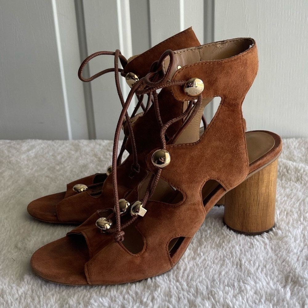 Rebecca Minkoff ADIV GHILLIE CAGE SANDAL IN ALMOND leather wooden heel lace up